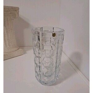 Vintage 24% Lead Crystal Glass Vase Heavy Geometric Pattern Slovakia Art Deco